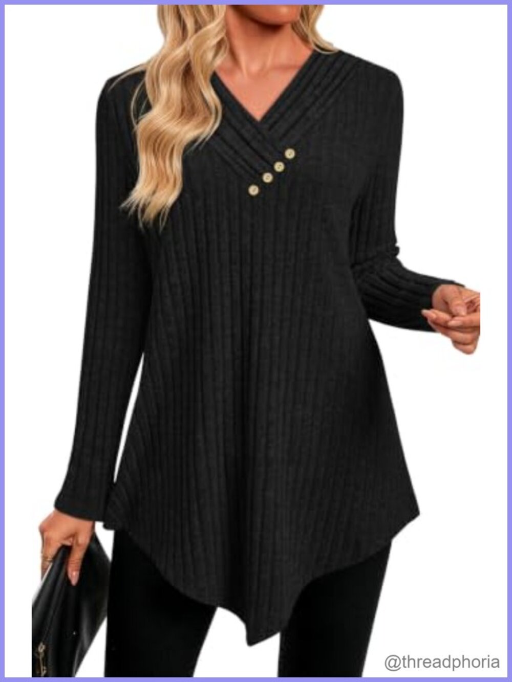 Womens V Neck Tunic Top Long Sleeve Ribbed Knit Sweater Shirt